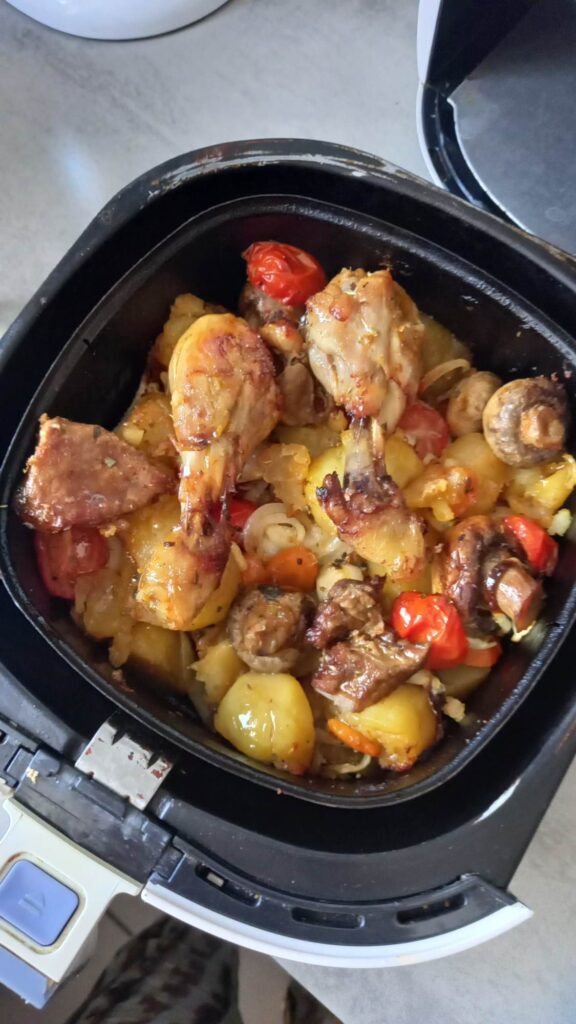 Air Fryer Roasted Chicken with Potatoes and Vegetables