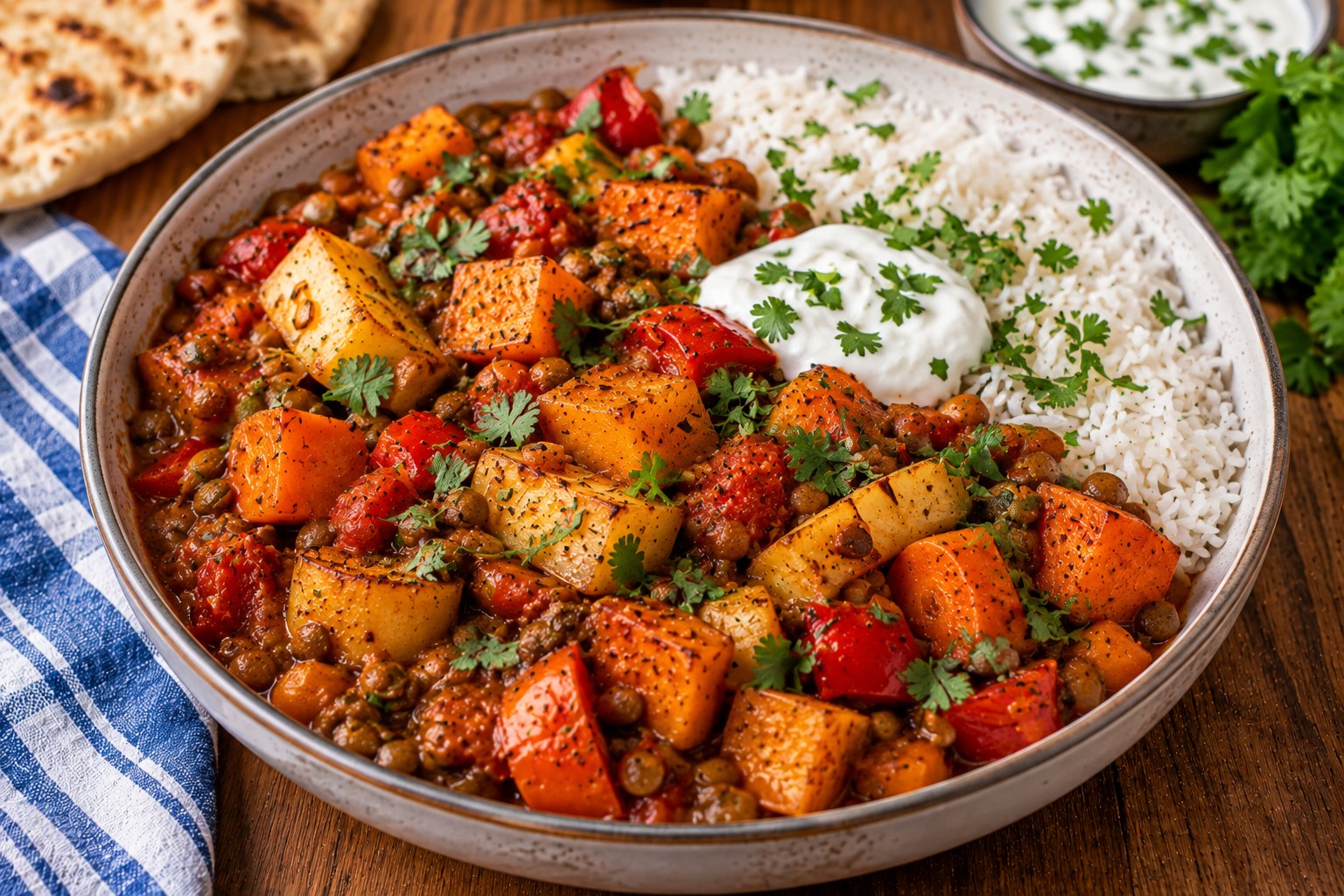 Roasted vegetable and green lentil curry with sweet potatoes, carrots, parsnips and peppers in a tomato sauce.