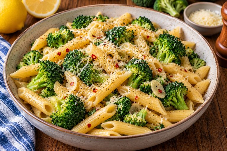 Penne pasta tossed with tender broccoli florets, sliced garlic and lemon in a light sauce.