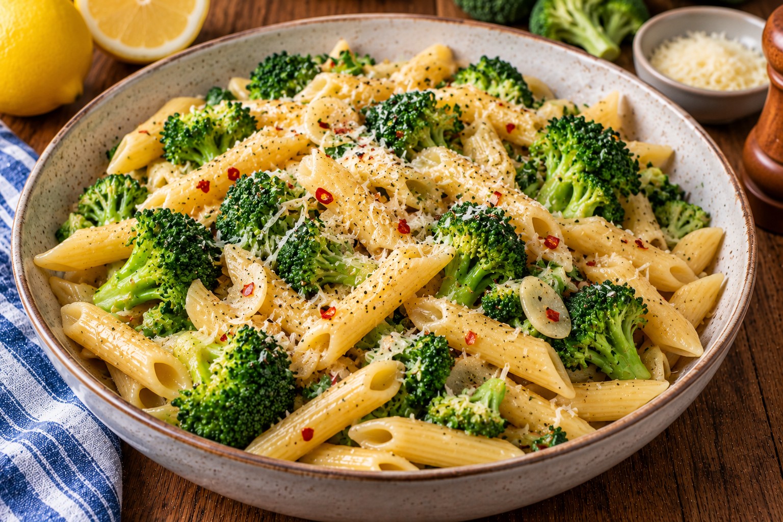 Penne pasta tossed with tender broccoli florets, sliced garlic and lemon in a light sauce.