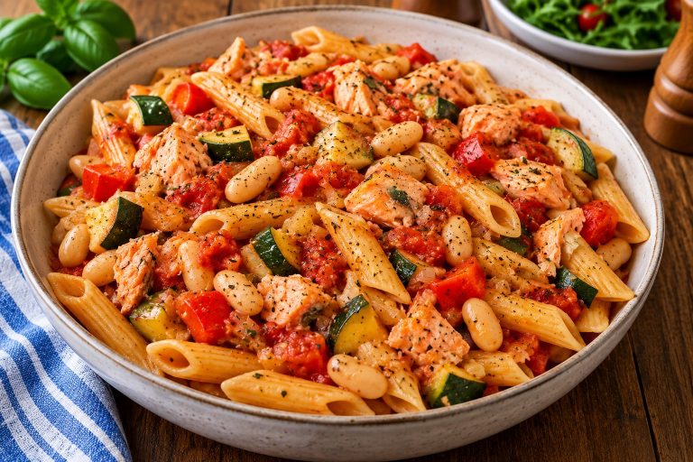 Short pasta with flaked tinned salmon, cannellini beans, courgette and red pepper in a tomato sauce.