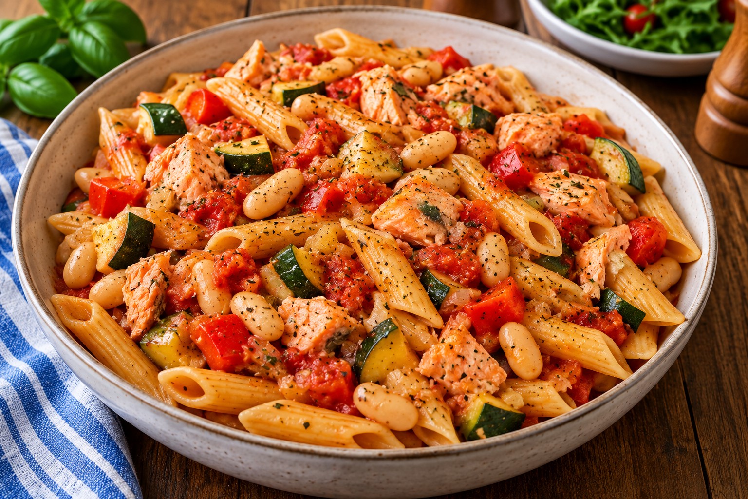 Short pasta with flaked tinned salmon, cannellini beans, courgette and red pepper in a tomato sauce.