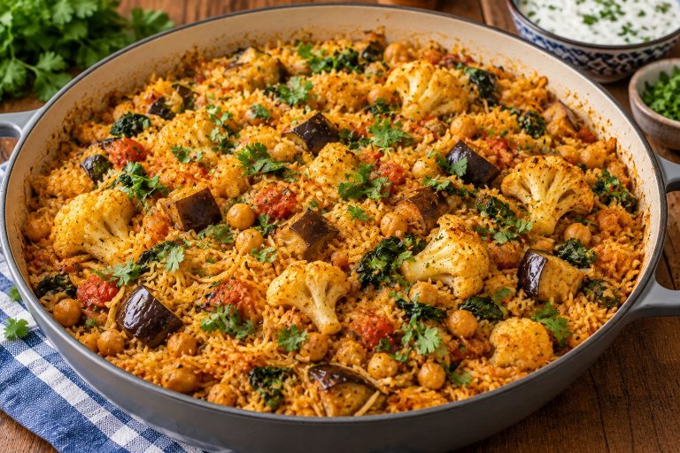Vegetable and chickpea biryani with fluffy basmati rice, cauliflower, aubergine, spinach and warming spices.