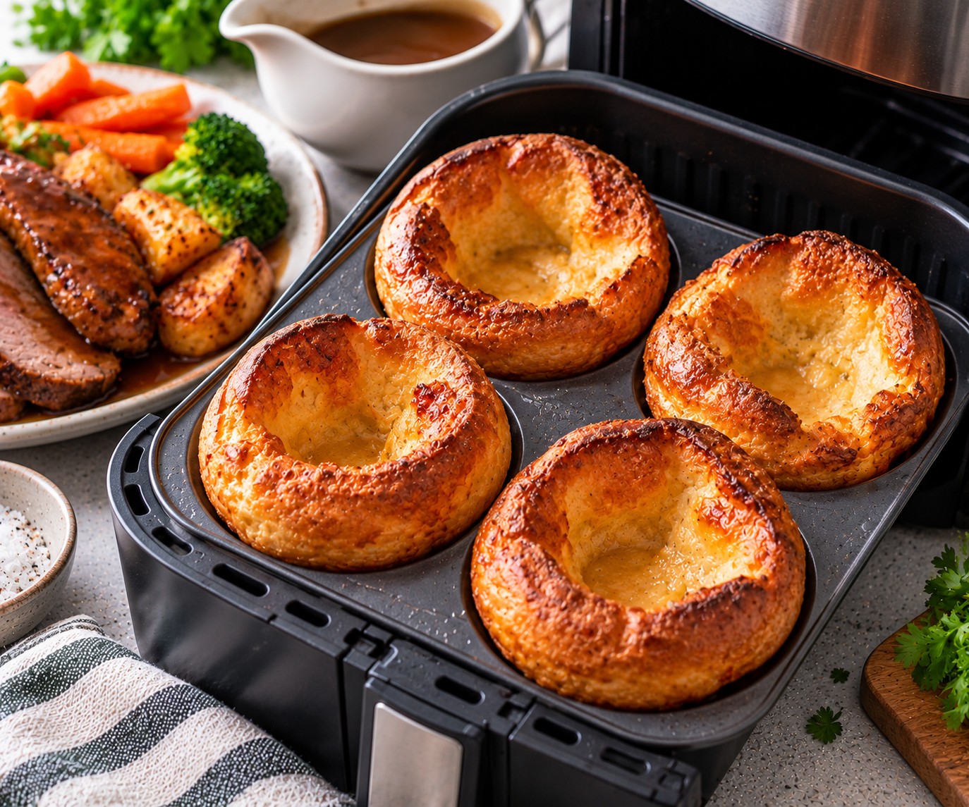 Four golden Yorkshire puddings in a metal tin beside an open air fryer