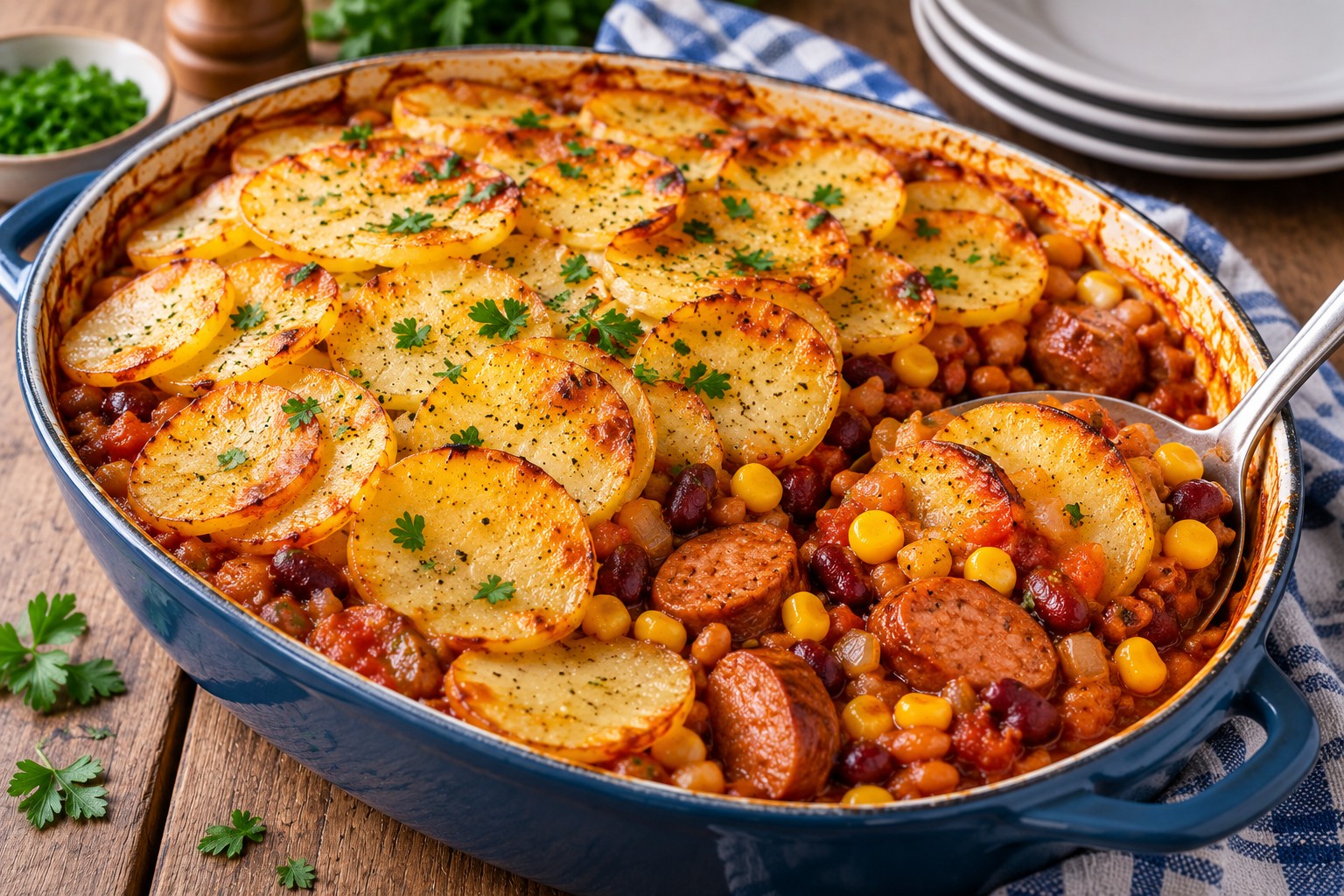 Homemade cowboy hotpot with golden sliced potatoes, sausages, beans and sweetcorn in a rich tomato sauce.