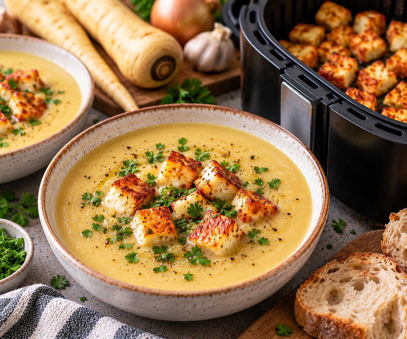 Creamy honey-roasted parsnip soup topped with golden air fryer halloumi cubes and fresh parsley
