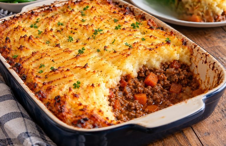 Homemade cottage pie with golden potato and swede mash topping in an ovenproof dish