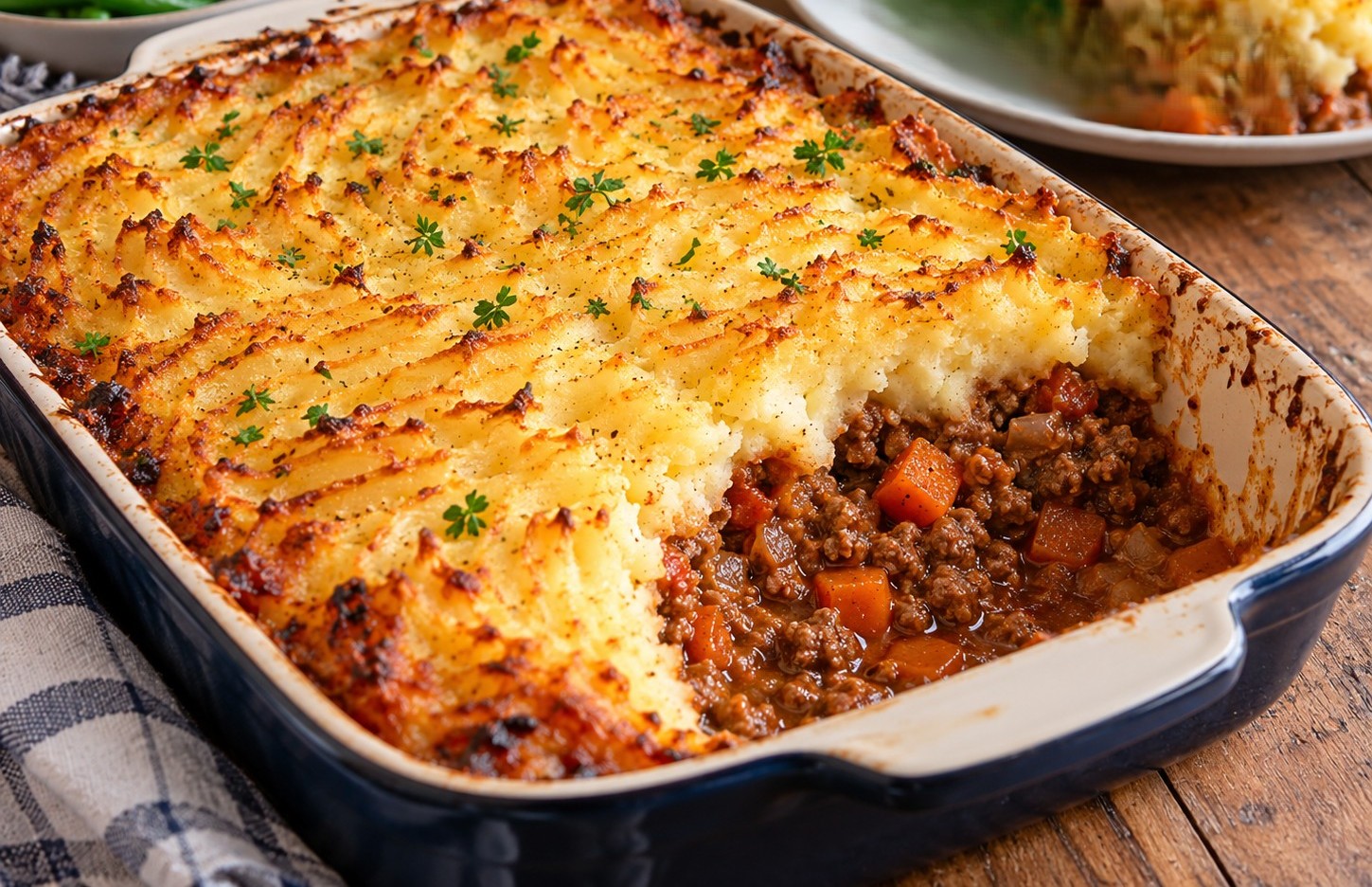 Homemade cottage pie with golden potato and swede mash topping in an ovenproof dish