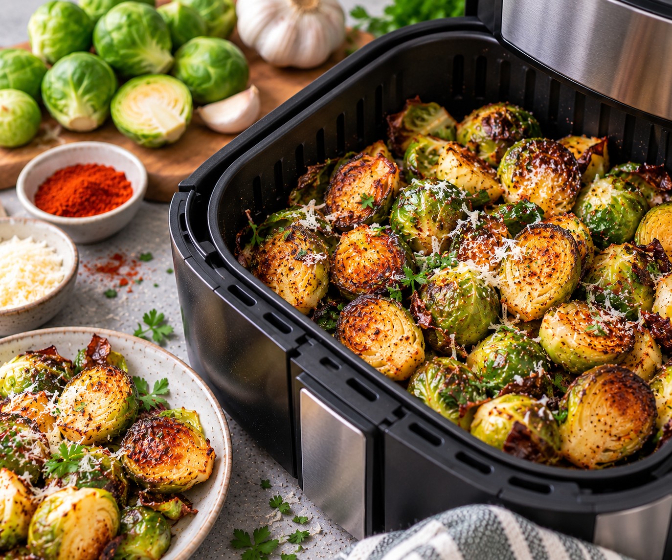 Golden crispy Brussels sprouts with garlic and smoked paprika in an open air fryer basket