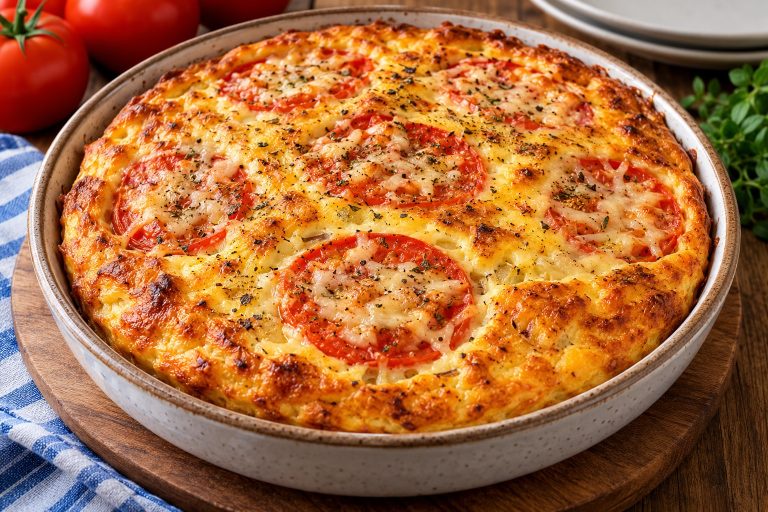 Golden crustless tomato quiche with baked tomato slices, melted Cheddar and a visible egg filling.