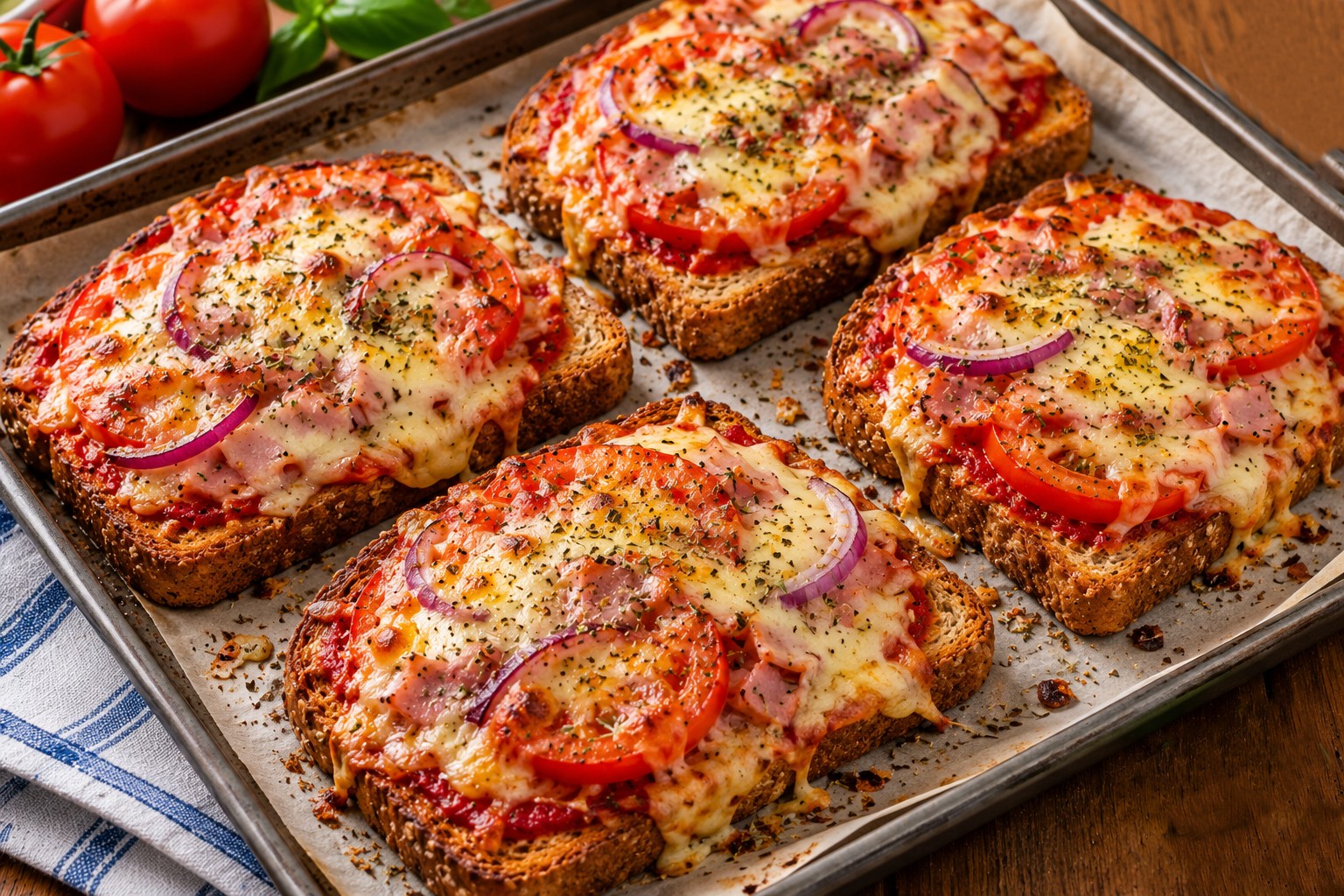 Four homemade pizza toasts topped with melted mozzarella, tomato, red onion and herbs on wholemeal bread.
