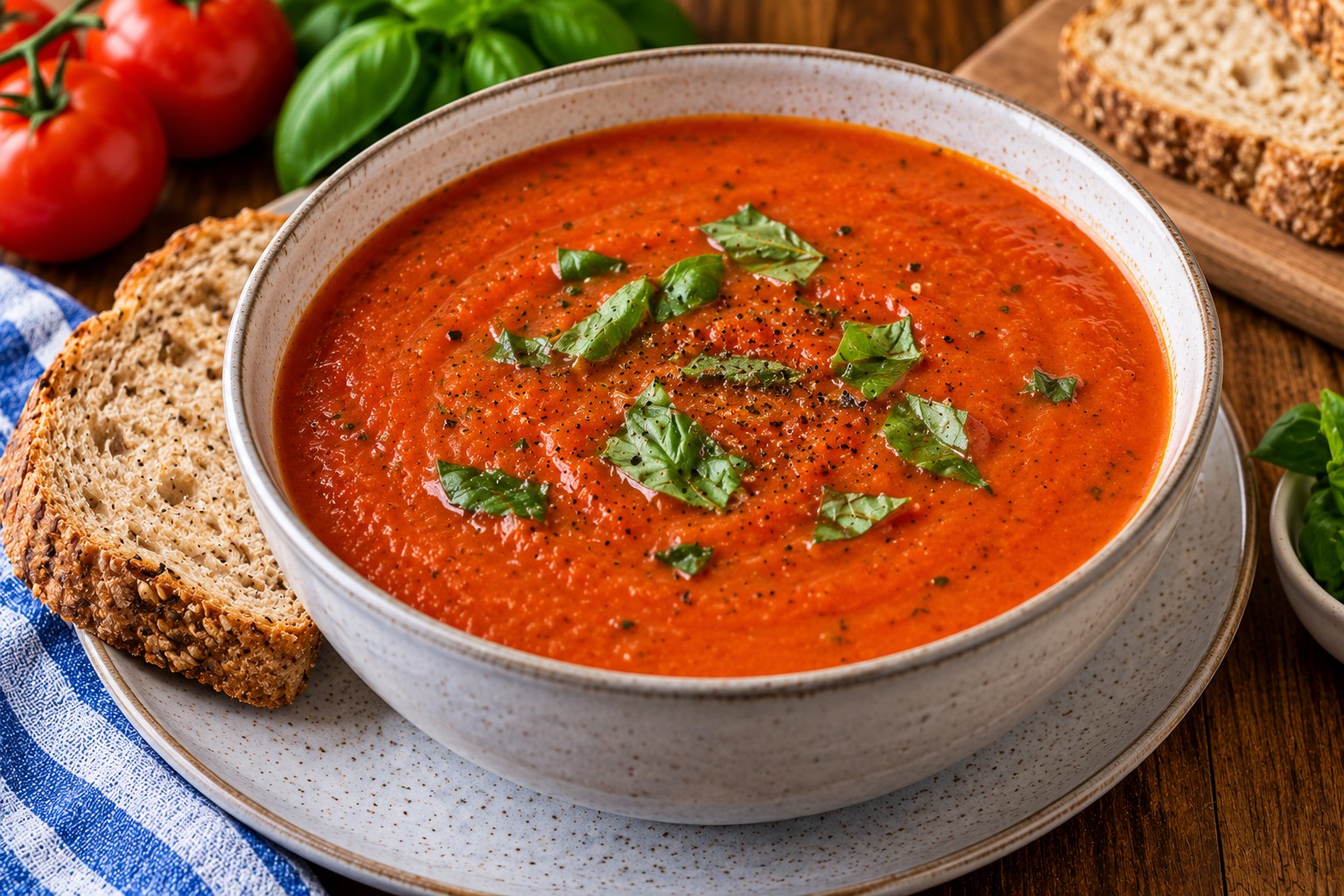 Bowl of smooth homemade tomato and basil soup garnished with fresh basil and black pepper.