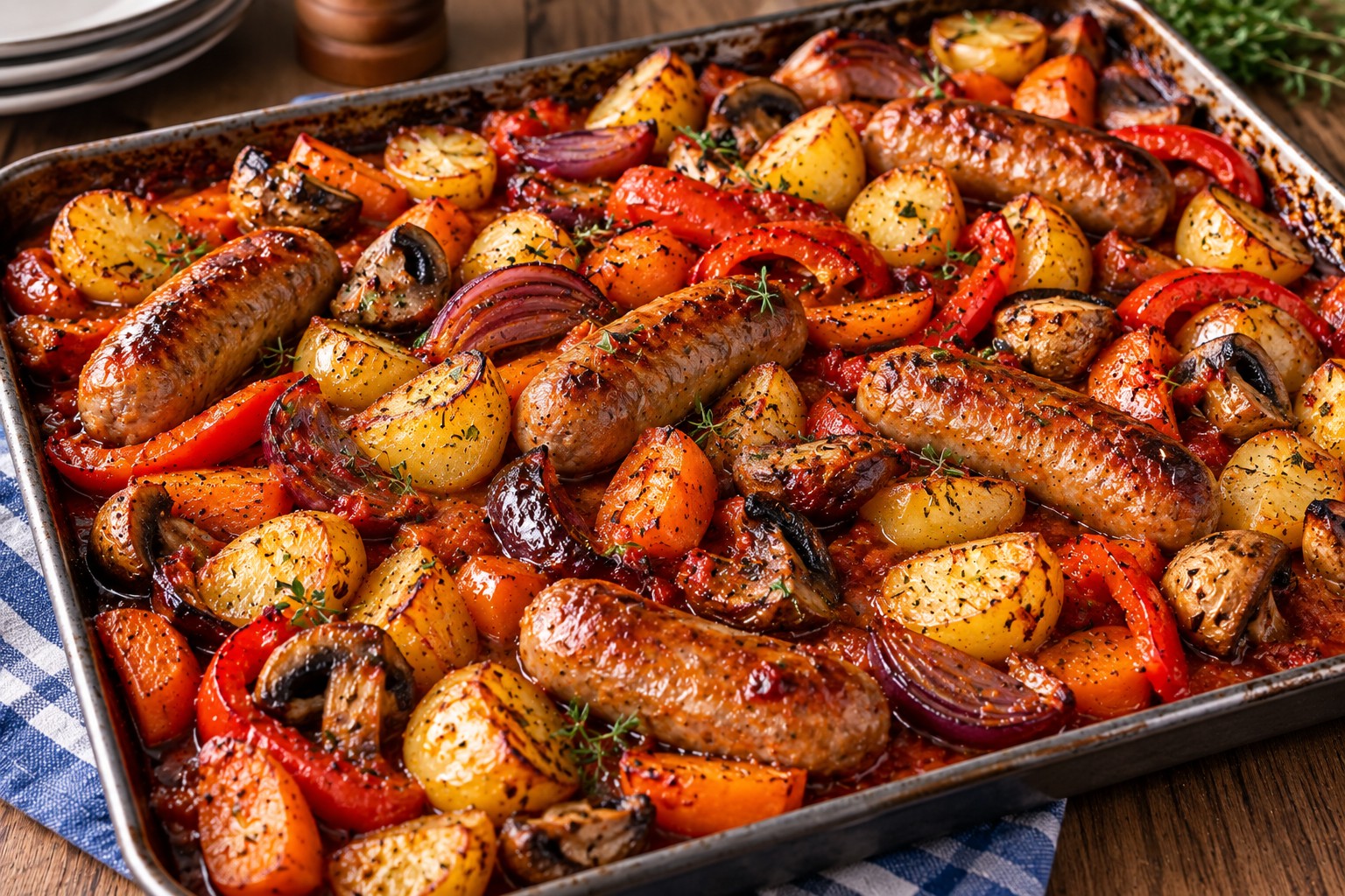 Oven-baked pork sausages with golden baby potatoes, carrots, red peppers, onions and mushrooms in tomato sauce.