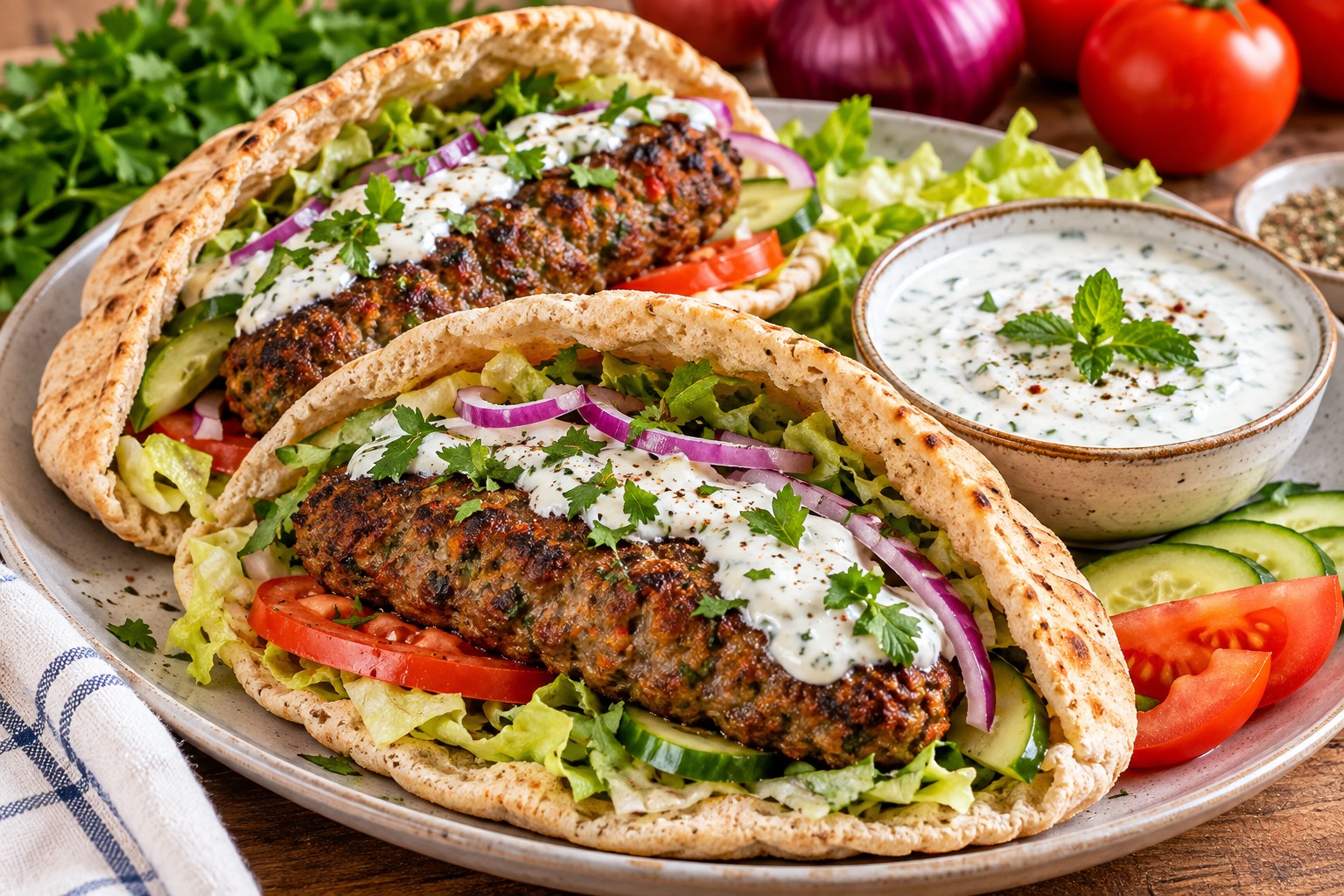 # Spicy Beef Kebabs with Yoghurt Dressing These homemade spicy beef kebabs are a satisfying family dinner made with lean beef mince, warming spices and a refreshing garlic yoghurt dressing. Serve them in wholemeal pitta breads with crisp lettuce, tomatoes and red onion for an easy takeaway-inspired meal using familiar UK supermarket ingredients. The kebabs are baked in the oven rather than deep-fried, and you can adjust the spices and toppings to suit your household. They also make a practical option for a weekend meal or a simple midweek dinner. ## Recipe Details - **Servings:** 4 - **Preparation time:** 15 minutes - **Cooking time:** Approximately 35 minutes - **Total time:** Approximately 50 minutes - **Cooking method:** Oven-baked ## Ingredients ### For the beef kebabs - 1 tbsp olive oil, or a little cooking spray - 1 medium onion, finely chopped - 3 garlic cloves, crushed - 500g lean beef mince (around 5–10% fat) - ½ tsp ground ginger - 1 tsp ground cumin - ¼ tsp ground coriander - ¼ tsp ground cinnamon - 1 tsp smoked paprika - 1 medium egg, lightly beaten - 1 tbsp dried oregano or mixed herbs - Freshly ground black pepper - A small pinch of salt, to taste ### For the garlic yoghurt dressing - 200g plain Greek yoghurt - 1 small garlic clove, crushed - 1 tbsp lemon juice - ¼ tsp dried mint - Freshly ground black pepper - A small pinch of salt, to taste ### To serve - 4 wholemeal pitta breads - Shredded lettuce - 1 red onion, thinly sliced - 2 tomatoes, sliced - Cucumber slices, optional - Fresh parsley or mint, optional ## How to Make Spicy Beef Kebabs ### 1. Prepare the onion and garlic Preheat the oven to 200°C (180°C fan). Line a baking tray with baking parchment. Heat the olive oil in a frying pan over a medium heat. Add the chopped onion and cook for 5–7 minutes until softened. Stir in the garlic and cook for another minute. Remove from the heat and allow the mixture to cool slightly. ### 2. Mix the kebab ingredients Place the beef mince in a large mixing bowl. Add the cooked onion and garlic, ginger, cumin, coriander, cinnamon, smoked paprika, beaten egg, dried herbs and seasoning. Mix until the ingredients are evenly combined, without overworking the mince. ### 3. Shape and bake Divide the mixture into four equal portions and shape each into a long, even kebab. Arrange them on the prepared baking tray, leaving a little space between each one. Bake for approximately 20–25 minutes, turning halfway through. The kebabs should be thoroughly cooked, with no pink meat remaining. If using a food thermometer, check that the centre reaches at least 75°C. Cooking time may vary depending on the thickness of the kebabs and your oven. ### 4. Make the yoghurt dressing While the kebabs cook, combine the Greek yoghurt, crushed garlic, lemon juice and dried mint in a small bowl. Season lightly and stir until smooth. Keep refrigerated until ready to serve. ### 5. Assemble and serve Warm the pitta breads according to the packet instructions. Fill each with lettuce, tomatoes, red onion and cucumber, if using. Add a cooked beef kebab, spoon over the garlic yoghurt dressing and finish with fresh herbs, if desired. ## Tips and Easy Swaps - **Adjust the heat:** Add a small pinch of cayenne pepper or chilli flakes for a spicier kebab. - **Try another mince:** Lean turkey or chicken mince can be used instead of beef. Always cook poultry mince thoroughly. - **Make it more economical:** Compare the unit price of mince packs and use any leftover vegetables as toppings. - **Serve without pitta:** Enjoy the kebabs with a baked potato, rice or a generous side salad instead. - **Prepare ahead:** Mix and shape the kebabs in advance, cover and refrigerate until ready to cook, following the storage guidance on your mince packaging. ## Storage and Reheating Cool any leftover cooked kebabs promptly, cover and refrigerate within two hours. Eat within 48 hours or freeze promptly. Reheat until steaming hot throughout, and only reheat once. Keep the yoghurt dressing refrigerated separately and add it after reheating the kebabs. ## A Budget-Friendly Family Dinner These spicy beef kebabs are a homemade alternative to a takeaway-style dinner. Lean mince, dried spices, yoghurt and fresh vegetables make a flexible combination that can be adapted to your family's preferences and shopping budget. For more everyday meal inspiration, explore our [Budget Family Meals UK guide](https://www.mynrecipes.com/budget-family-meals-uk/) and [Healthy High-Protein & Fibre-Rich Recipes collection](https://www.mynrecipes.com/healthy-high-protein-fibre-rich-recipes/). **Allergen note:** Contains egg, milk and wheat when served with standard pitta bread. Check individual ingredient packaging, particularly when making substitutions.