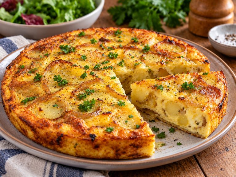 Golden air fryer potato and onion frittata sliced on a plate with fresh parsley