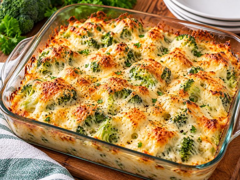 Creamy broccoli bake with a golden Cheddar topping in a ceramic ovenproof dish
