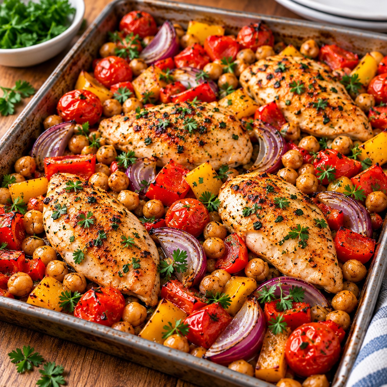 Roasted skinless chicken breasts with chickpeas, red peppers, tomatoes and red onions in a baking tray.