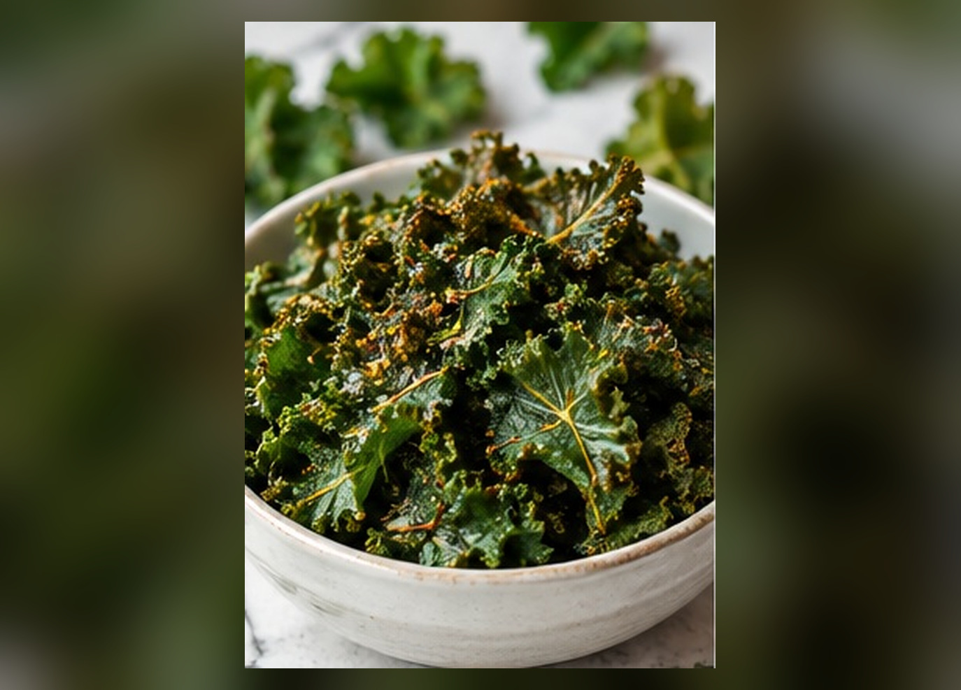 Crispy garlic and paprika kale chips in a bowl