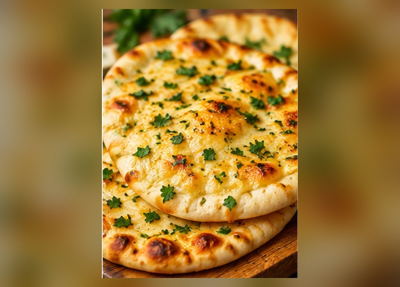 Golden cheesy garlic naan breads sprinkled with herbs