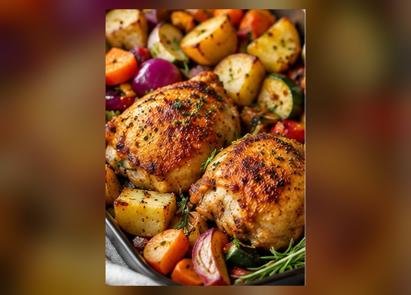 Roasted chicken thighs with potatoes and colourful vegetables