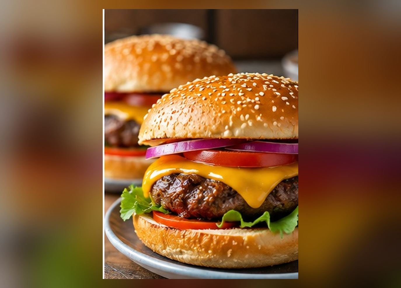 Homemade beef cheeseburger with melted Cheddar and salad