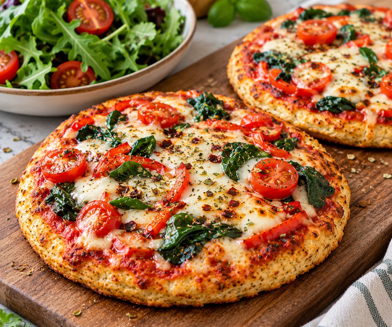 Two air fryer cottage cheese pizza flatbreads topped with tomato, spinach and melted mozzarella