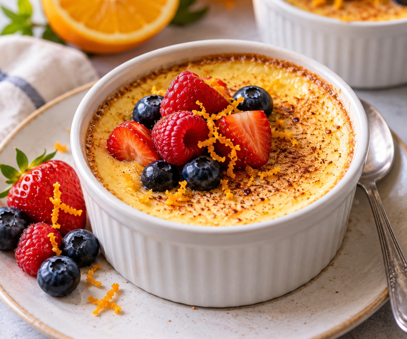 Baked Egg Custard with Orange and Berries