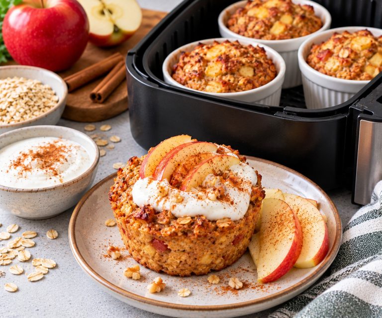 Four golden apple and cinnamon baked oat cups with Greek yoghurt beside an air fryer