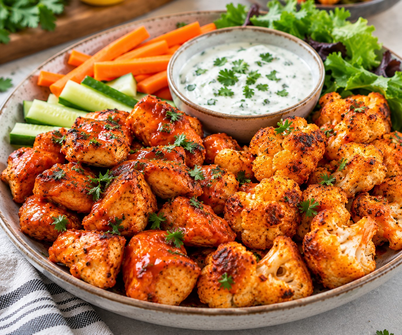 Air fryer Buffalo chicken and cauliflower bites served with garlic yoghurt dip and fresh vegetables