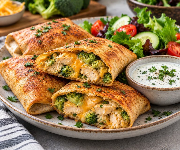 Golden air fryer tortilla pockets filled with chicken, broccoli and melted Cheddar, served with fresh salad