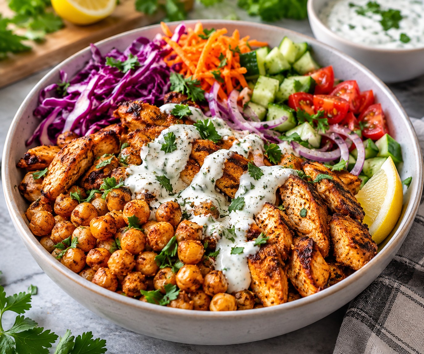 Air fryer chicken shawarma bowl with crispy chickpeas, fresh salad and lemon yoghurt sauce