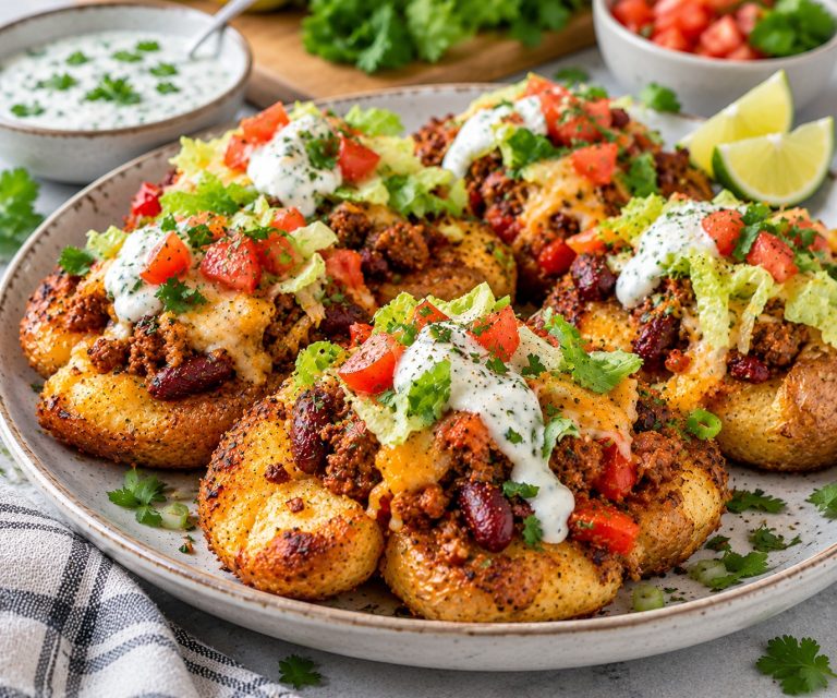 Crispy air fryer smashed potatoes topped with taco beef, kidney beans, salad and lime yoghurt sauce