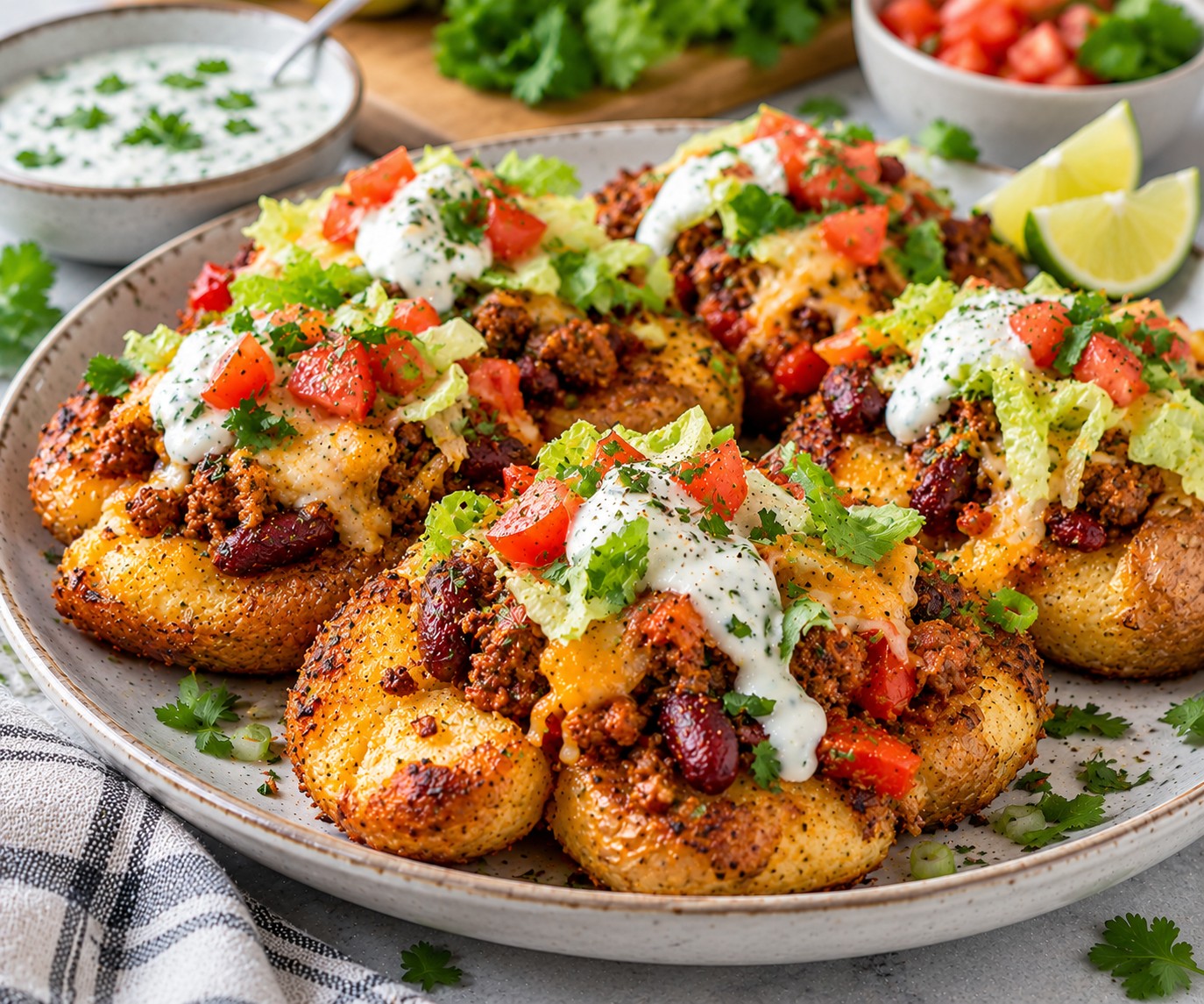 Crispy air fryer smashed potatoes topped with taco beef, kidney beans, salad and lime yoghurt sauce