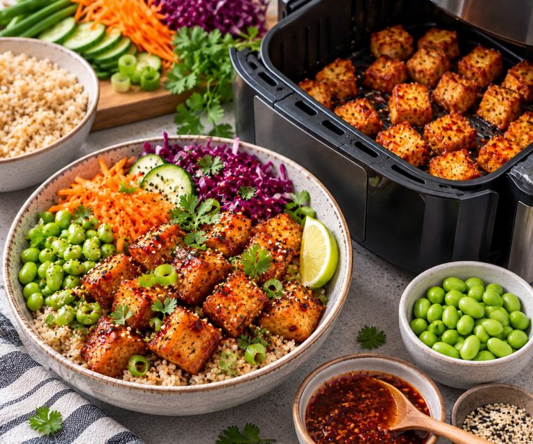 Sticky chilli air fryer tofu with edamame, brown rice, carrot, cucumber and red cabbage