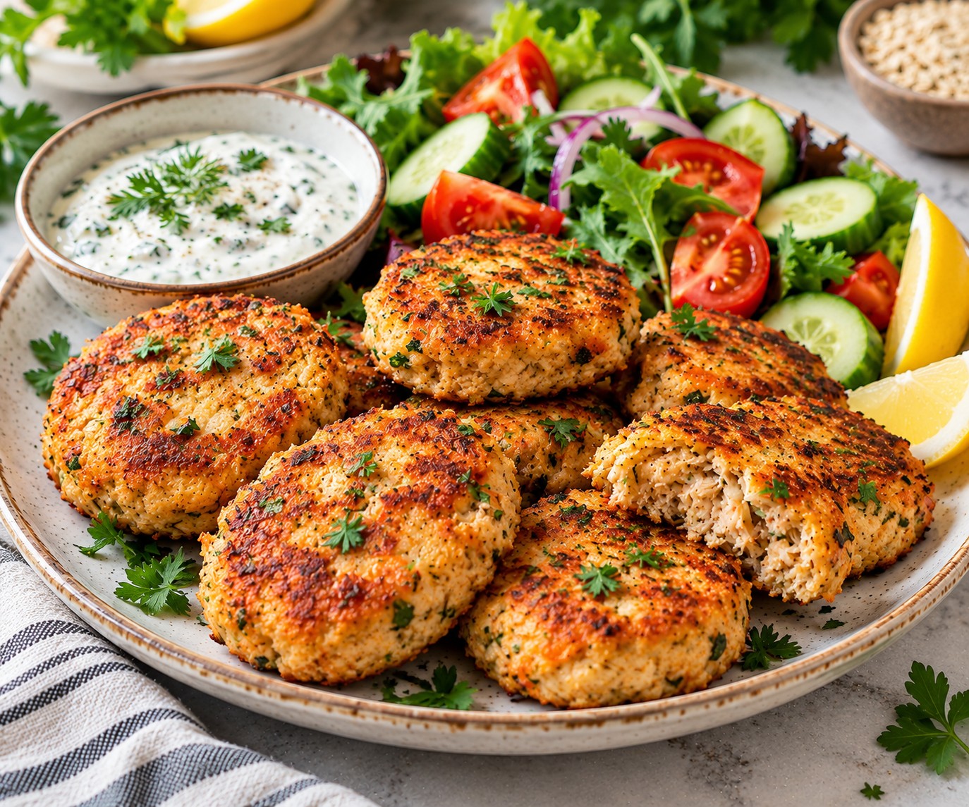 Golden air fryer tuna and white bean patties served with lemon yoghurt dip and fresh salad