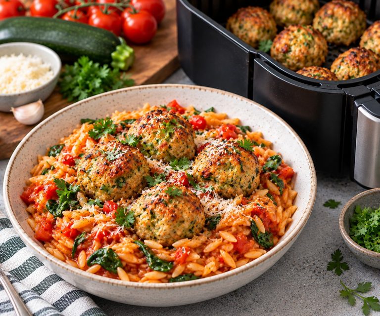 Golden air fryer turkey and courgette meatballs served over tomato and spinach orzo