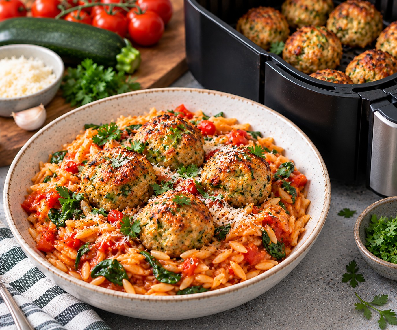 Golden air fryer turkey and courgette meatballs served over tomato and spinach orzo