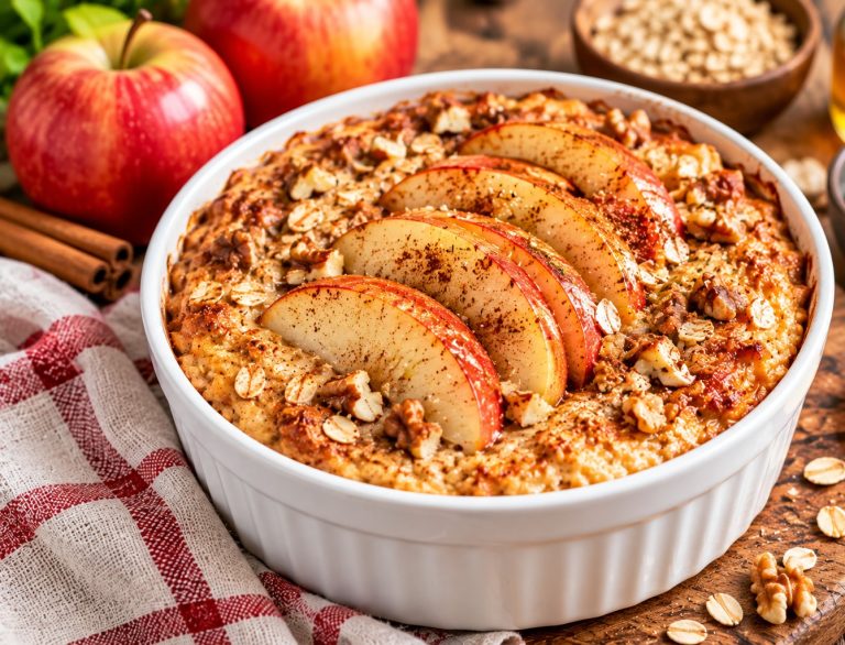 Apple and cinnamon protein baked oats topped with fresh apple slices in a white ceramic ramekin