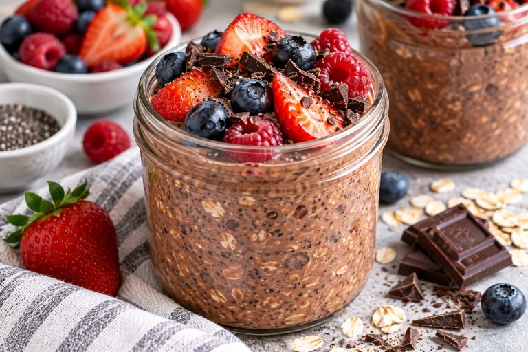 Chocolate overnight oats in a glass jar topped with strawberries, blueberries, raspberries and dark chocolate shavings.