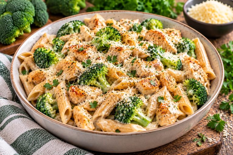 Creamy chicken and broccoli protein pasta with wholewheat penne, tender chicken breast and a smooth cottage cheese sauce.