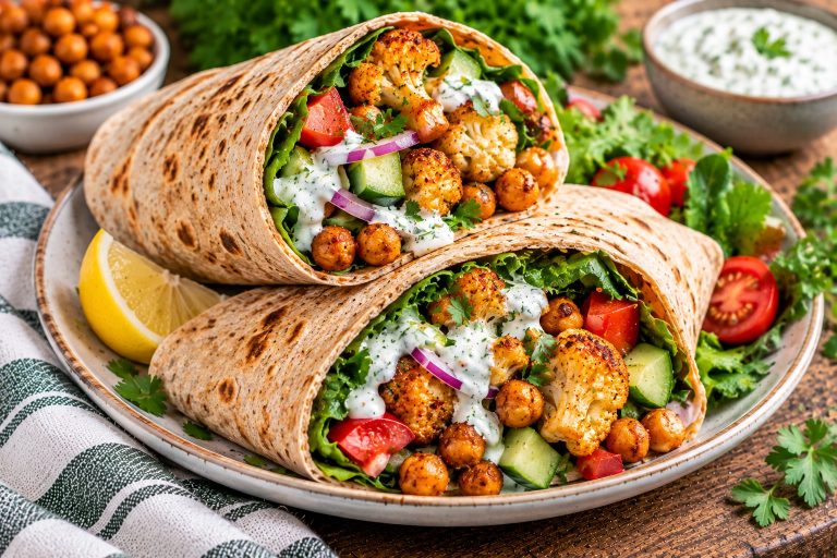 Wholemeal wraps filled with crispy roasted chickpeas, spiced cauliflower, fresh cucumber and lemon yoghurt sauce