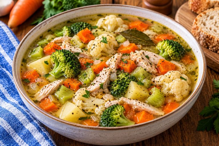 Homemade chicken and vegetable soup with shredded chicken, potatoes, carrots, cauliflower and broccoli in a light broth.