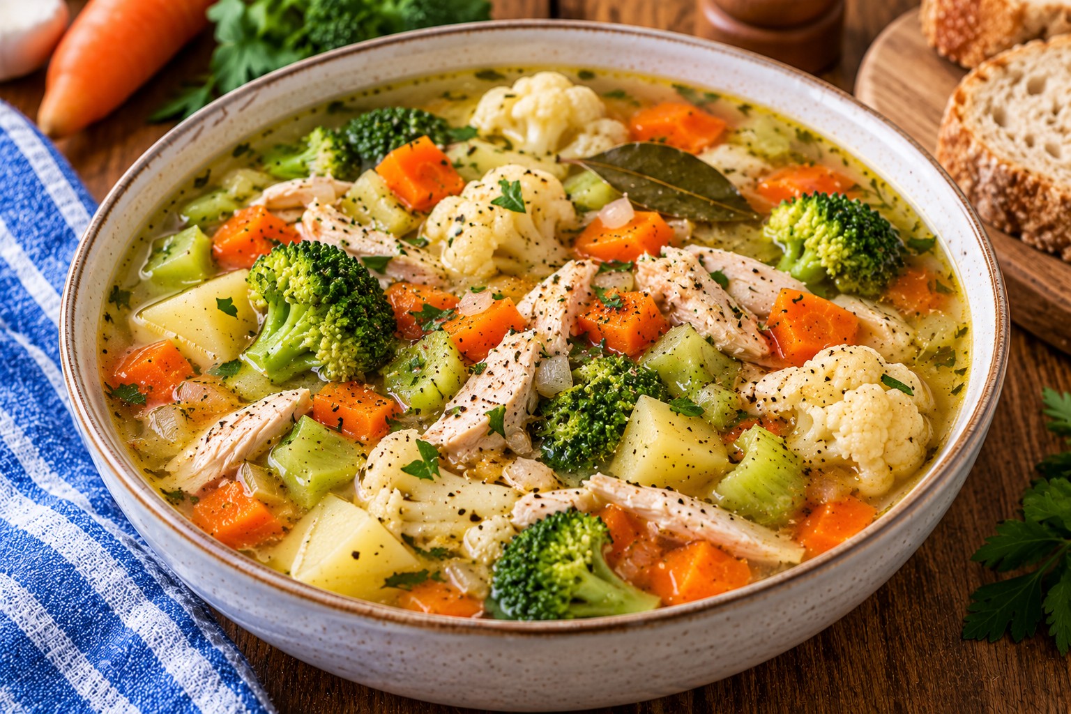 Homemade chicken and vegetable soup with shredded chicken, potatoes, carrots, cauliflower and broccoli in a light broth.
