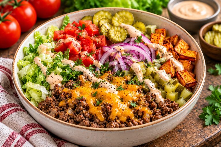 Healthy cheeseburger bowl with lean beef mince, melted Cheddar, roasted potato wedges, lettuce, tomatoes, gherkins and yoghurt burger sauce.