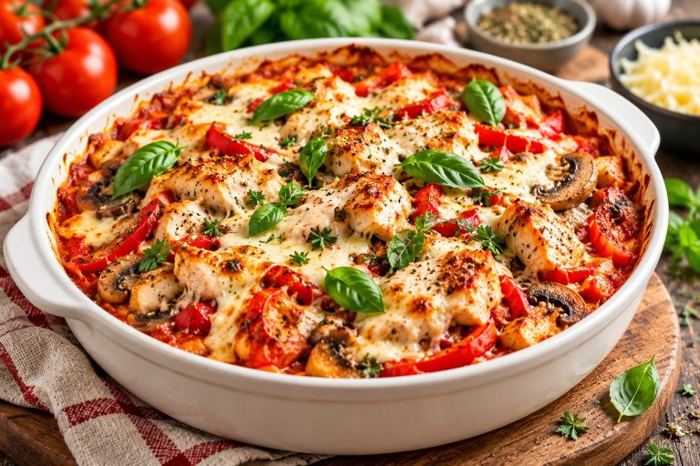 Chicken pizza bake with tomato sauce, peppers, mushrooms and melted mozzarella in a white ovenproof dish.