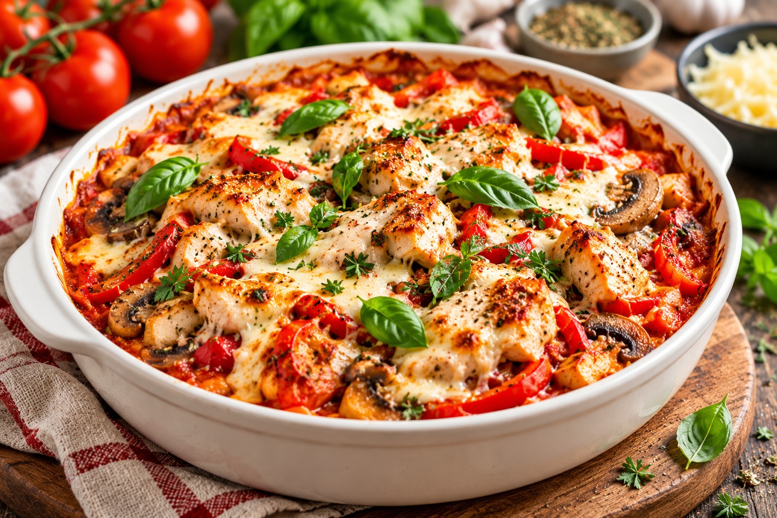 Chicken pizza bake with tomato sauce, peppers, mushrooms and melted mozzarella in a white ovenproof dish.