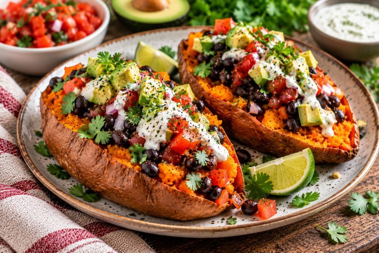 Baked sweet potatoes filled with smoky black beans, tomatoes and red pepper, topped with lemon yoghurt dressing.