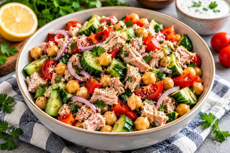 Tuna and chickpea dense bean salad with cucumber, red pepper, red onion and fresh herbs in a ceramic bowl.