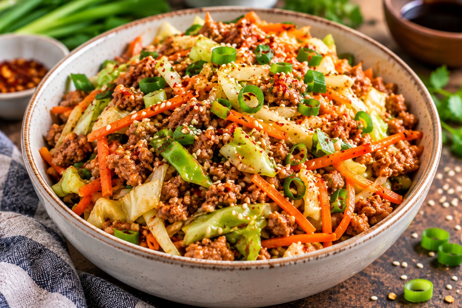 Turkey egg roll in a bowl with lean turkey mince, shredded cabbage, carrots and spring onions.