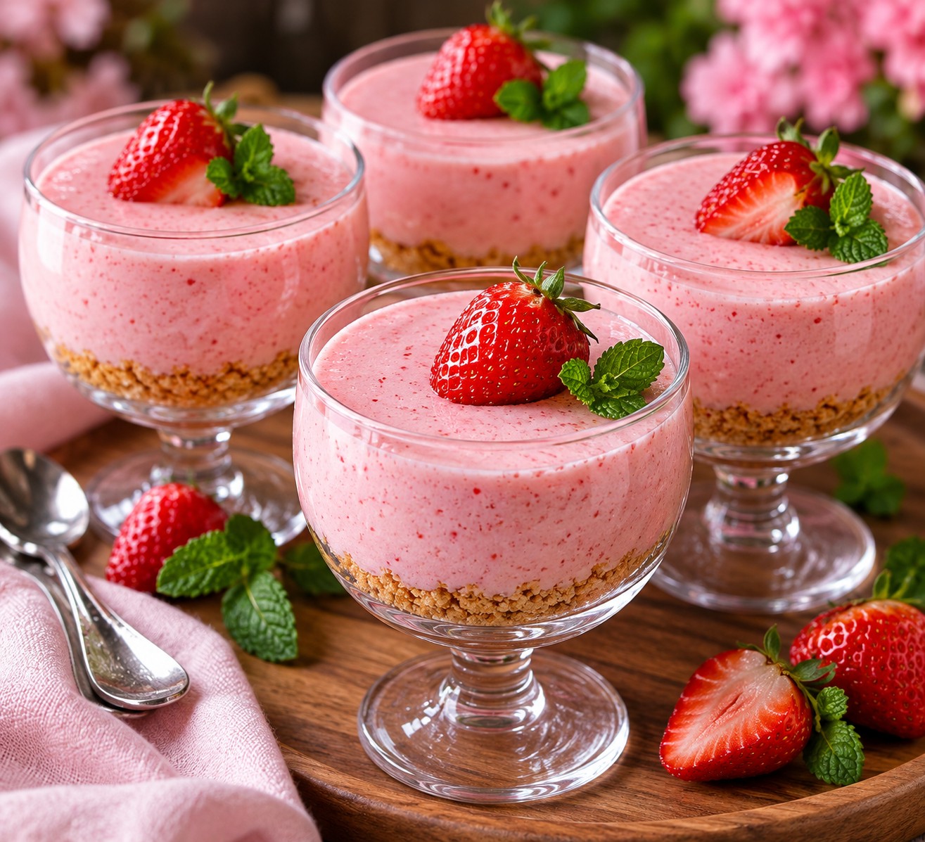Make these easy strawberry mousse cheesecake cups with a biscuit base, creamy yogurt filling and fresh strawberries. A lovely make-ahead dessert!